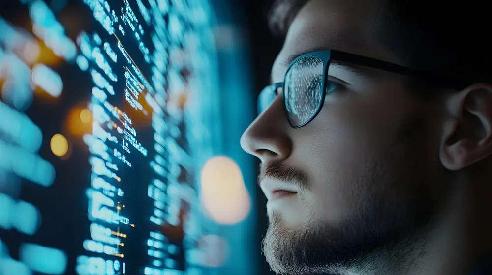 Pessoa trabalhando no computador com óculos de grau