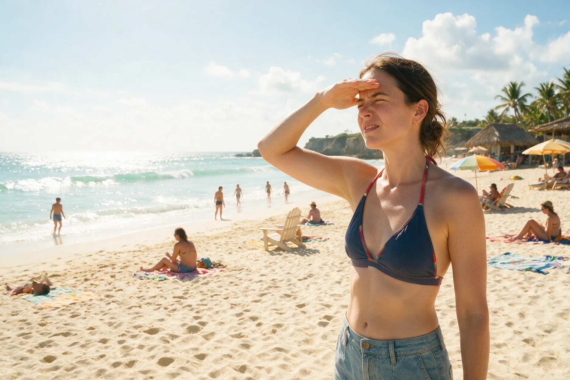 Mulher na praia apertando os olhos e protegendo o rosto com a mão por causa da claridade refletida na areia e no mar