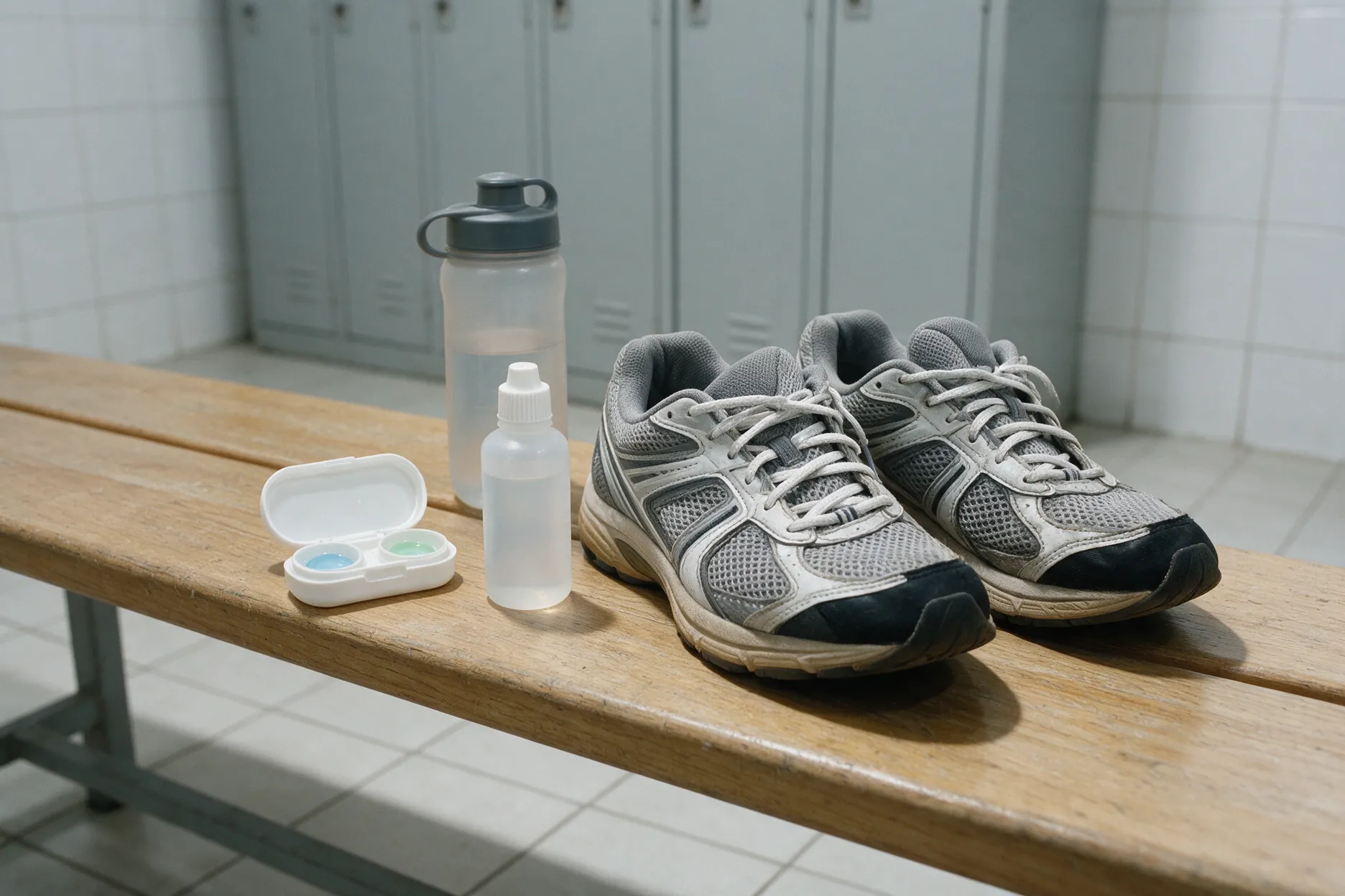 Estojo de lentes de contato e frasco de solução ao lado de tênis de corrida e garrafa de água em um banco de vestiário